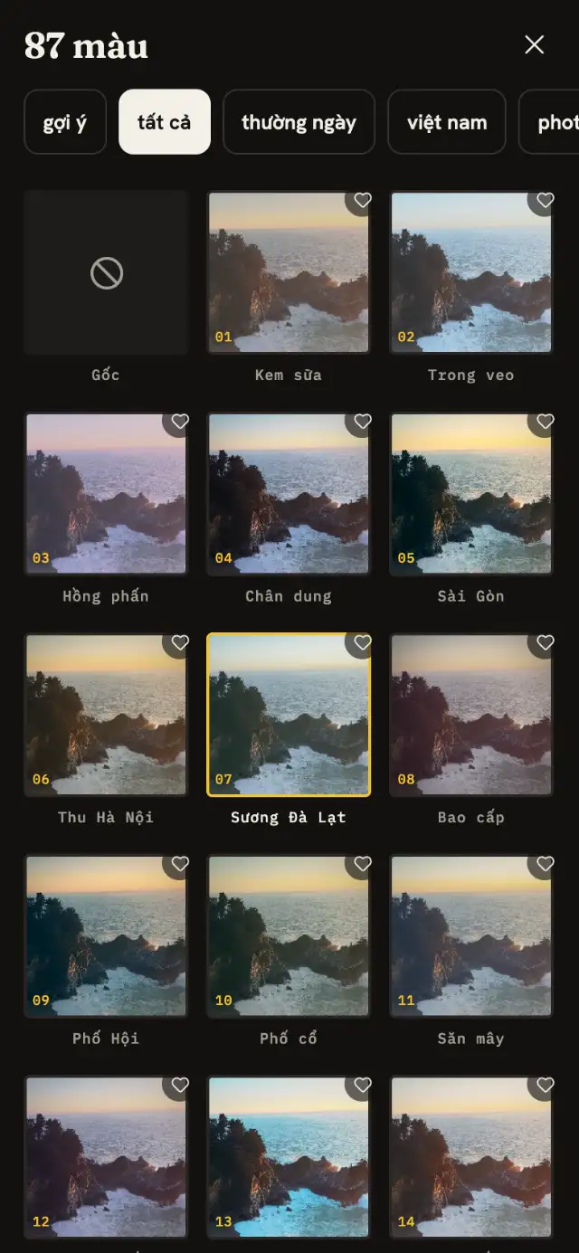 Màn hình xem tất cả 87 màu của app emdeplam: cùng một tấm ảnh hiện trong từng ô màu, 3 ô mỗi hàng